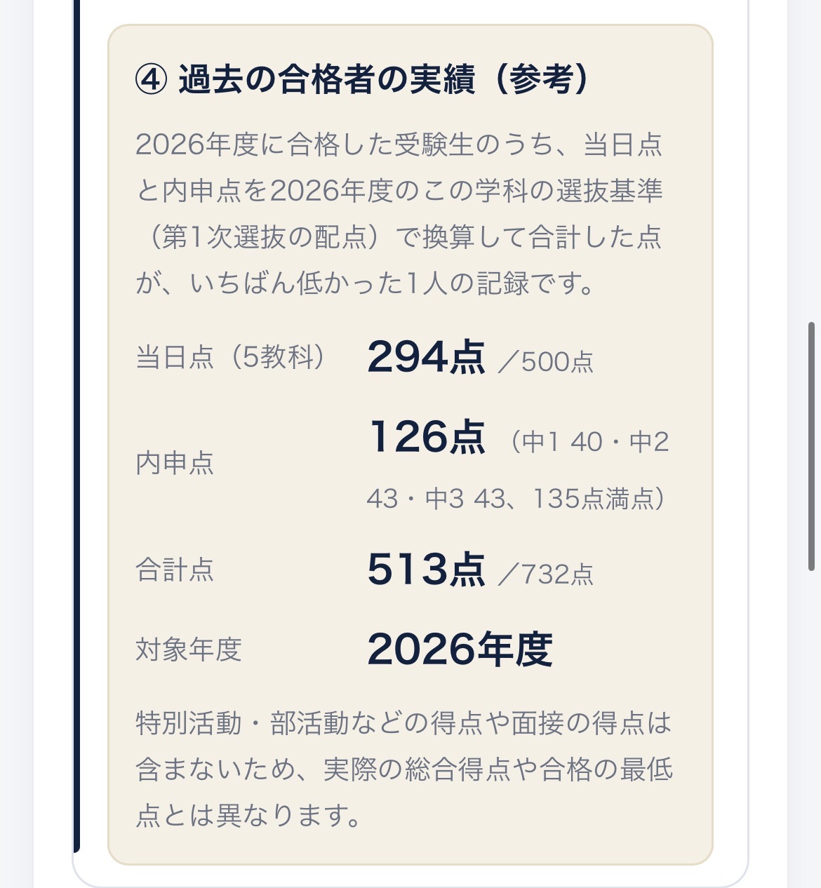 過去の合格者の得点例を掲載した実際の入試情報画面